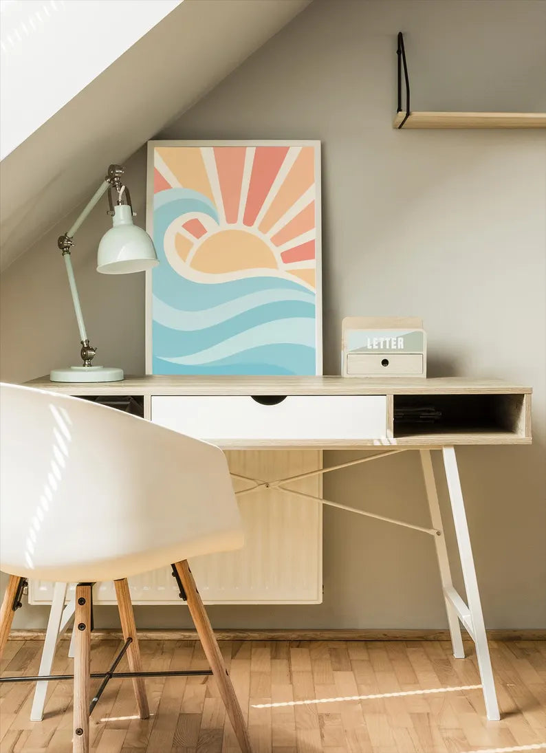 Retro Sunrise Over Ocean – Minimalist Digital Wall Art